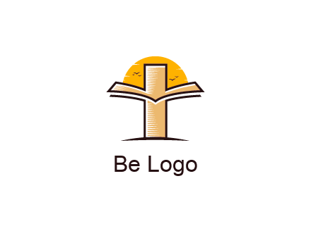 cross and book in front of sun with birds logo