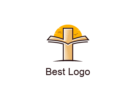 cross and book in front of sun with birds logo