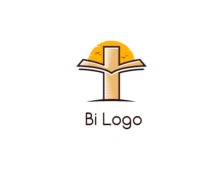 cross and book in front of sun with birds logo