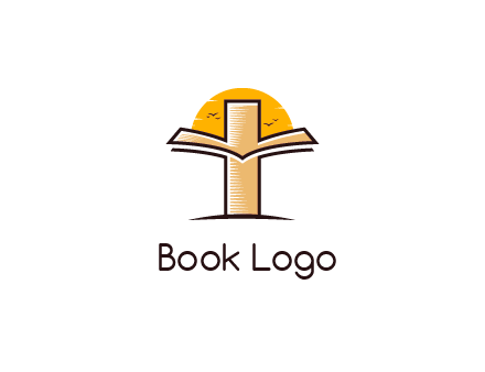 cross and book in front of sun with birds logo
