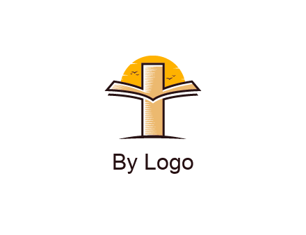 cross and book in front of sun with birds logo