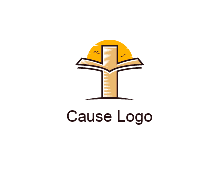 cross and book in front of sun with birds logo