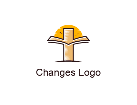 cross and book in front of sun with birds logo