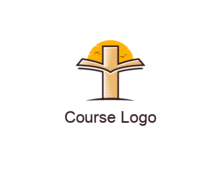 cross and book in front of sun with birds logo