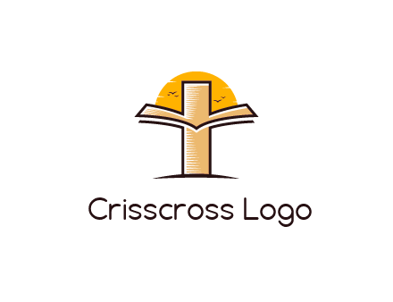 cross and book in front of sun with birds logo