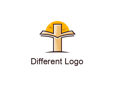 cross and book in front of sun with birds logo