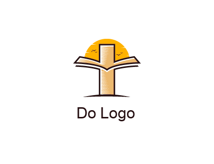cross and book in front of sun with birds logo