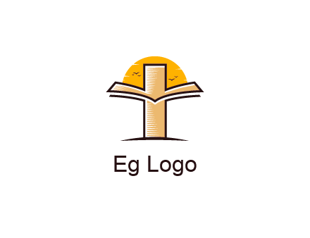 cross and book in front of sun with birds logo