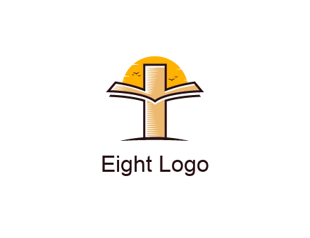 cross and book in front of sun with birds logo