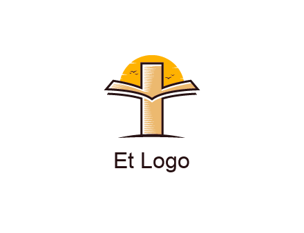 cross and book in front of sun with birds logo
