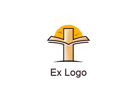cross and book in front of sun with birds logo