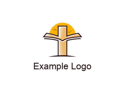 cross and book in front of sun with birds logo