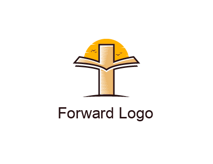 cross and book in front of sun with birds logo