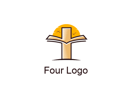 cross and book in front of sun with birds logo