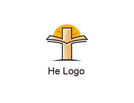cross and book in front of sun with birds logo