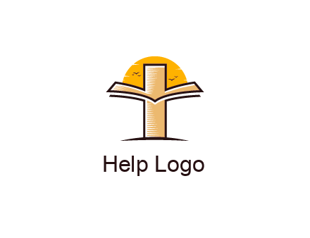 cross and book in front of sun with birds logo