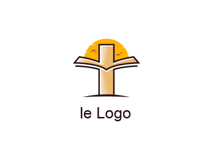 cross and book in front of sun with birds logo
