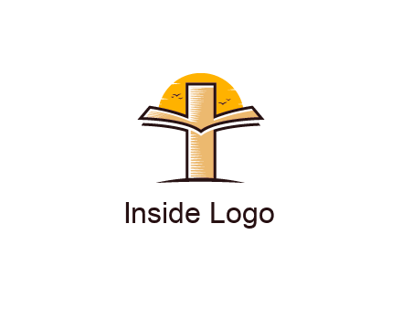 cross and book in front of sun with birds logo