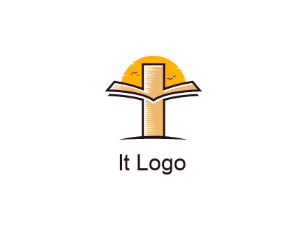 cross and book in front of sun with birds logo