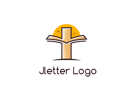 cross and book in front of sun with birds logo