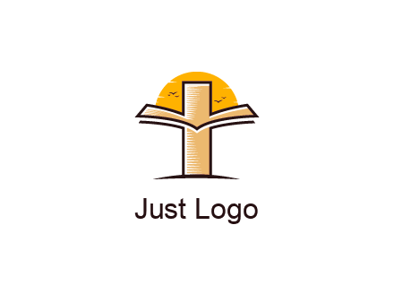 cross and book in front of sun with birds logo
