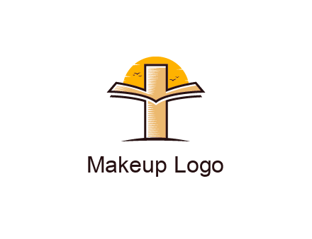 cross and book in front of sun with birds logo