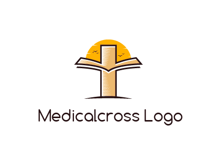 cross and book in front of sun with birds logo