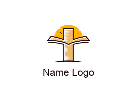 cross and book in front of sun with birds logo