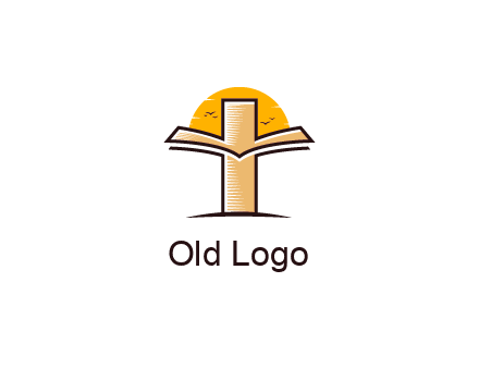 cross and book in front of sun with birds logo