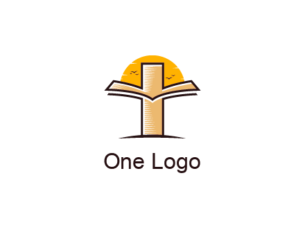 cross and book in front of sun with birds logo