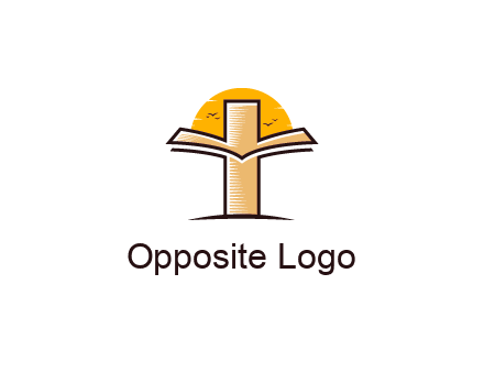 cross and book in front of sun with birds logo