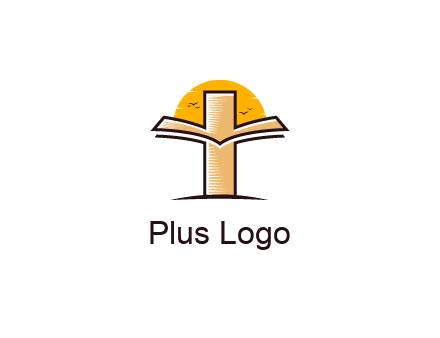 cross and book in front of sun with birds logo