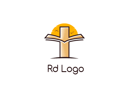 cross and book in front of sun with birds logo