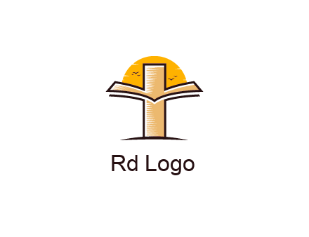 cross and book in front of sun with birds logo