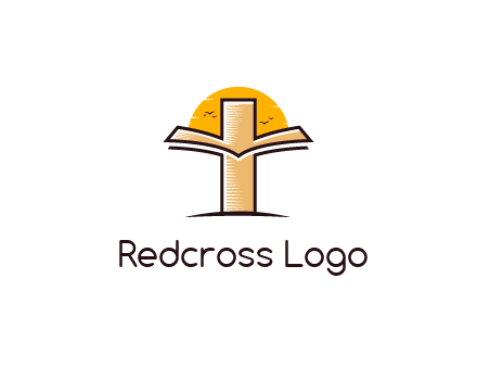cross and book in front of sun with birds logo