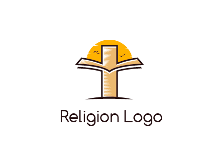 cross and book in front of sun with birds logo