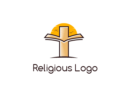 cross and book in front of sun with birds logo