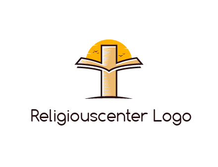 cross and book in front of sun with birds logo