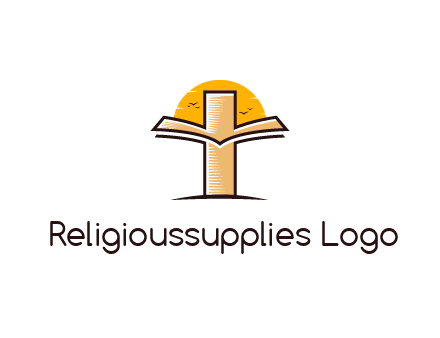 cross and book in front of sun with birds logo