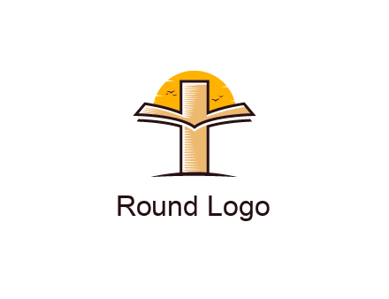 cross and book in front of sun with birds logo