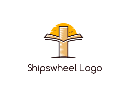 cross and book in front of sun with birds logo