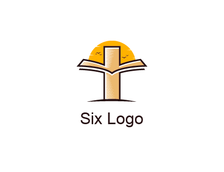 cross and book in front of sun with birds logo