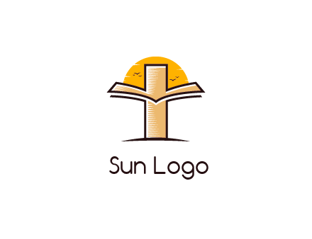 cross and book in front of sun with birds logo