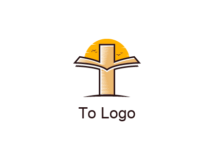 cross and book in front of sun with birds logo