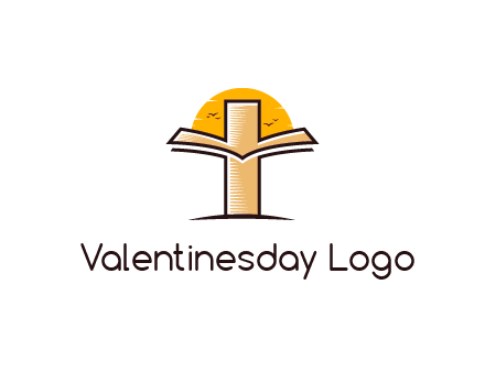 cross and book in front of sun with birds logo