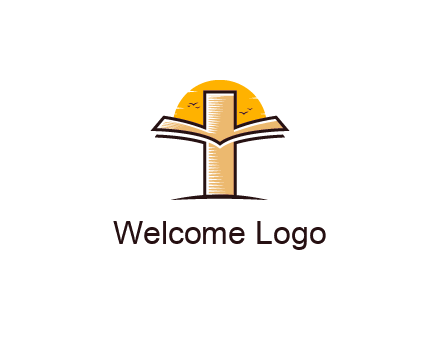 cross and book in front of sun with birds logo