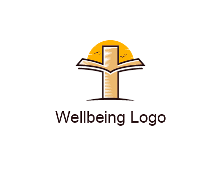 cross and book in front of sun with birds logo