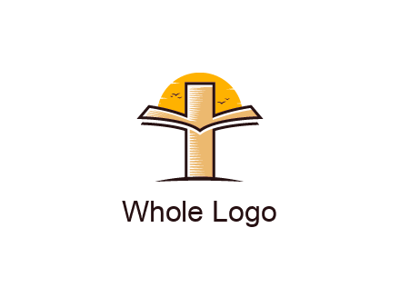 cross and book in front of sun with birds logo