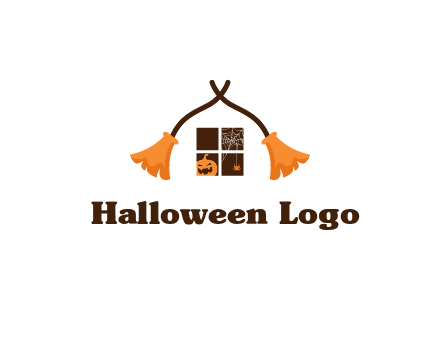 crossed broomsticks on window with pumpkin and spider Logo