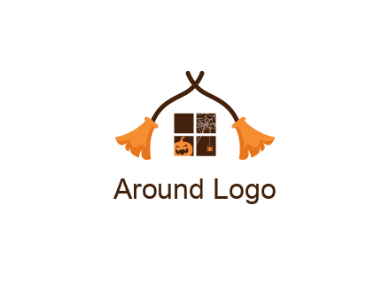 crossed broomsticks on window with pumpkin and spider Logo